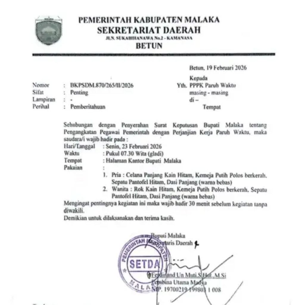 SK PPPK Paruh Waktu Malaka Diserahkan 23 Februari, Peserta Wajib Hadir